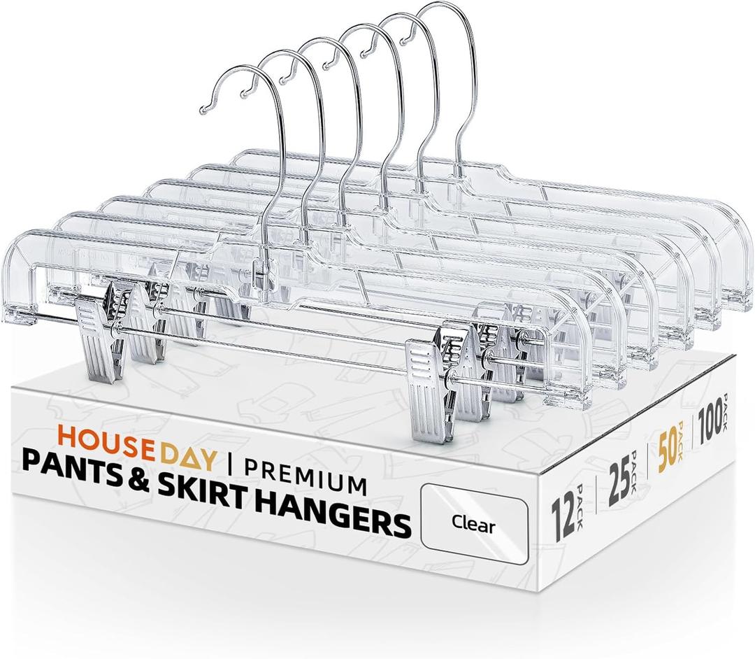 HOUSE DAY 50 Pack Skirt Hangers Pant Hangers with Clips, Clear Plastic Hangers for Pants, Skirts, Shorts, Versatile Use Clip Hanger, Retail Hanger