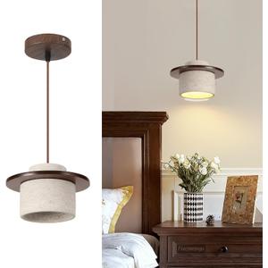 1 Pack Wabi Sabi Pendant Light 7.9in Small Japandi Natural Travertine Stone & Wood Lampshade, Nordic Pendant Lighting Fixture for Kitchen Island Dining Room Bedroom Cafe (Bulb Included) (Walnut)