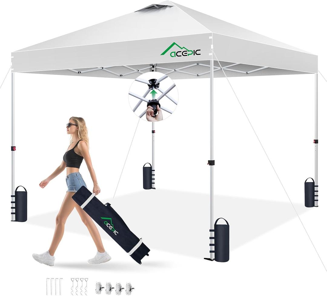 Acepic 10x10 Pop Up Canopy Tent, One Push Instant Outdoor Gazebo with Vented Top, Upgraded 300D Silver Coated Sun Shade for Parties Camping Vendor, Includes Wheeled Bag and 4 Sandbags, White