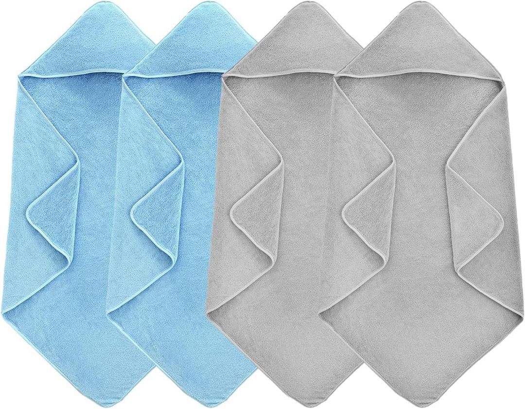 4 Pack Hooded Baby Towels, 32x32 Inch Absorbent Bath Towels, Soft Coral Fleece Hooded Towel for Newborns, Infants, and Toddlers Baby Bath Essentials (2X Light Gray + 2X Sky Blue)