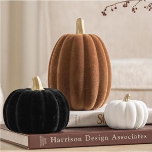 DN DECONATION 3 Pcs Fall Pumpkin Decorations  Flocked White Brown Black Resin Pumpkins Figurines for Autumn Thanksgiving Halloween Decoration, Faux Artificial Pumpkin for Home Table Mantel Decorating