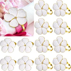 Patelai 12 Pcs White Flower Napkin Rings Bulk Gold Cloth Napkin Holder Set Floral Serviette Buckles Table Decor for Wedding Banquet Birthday Christmas Baby Shower Dinner Daily Use