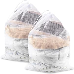2 Pack Large Mesh Laundry Bags, 24" x 36" Heavy Duty Strong Drawstring Dirty Clothes Bags with Soft Breathable Net, Machine Washable Laundry Bag for College, Dorm, Camp, Travel and Family Use(White)