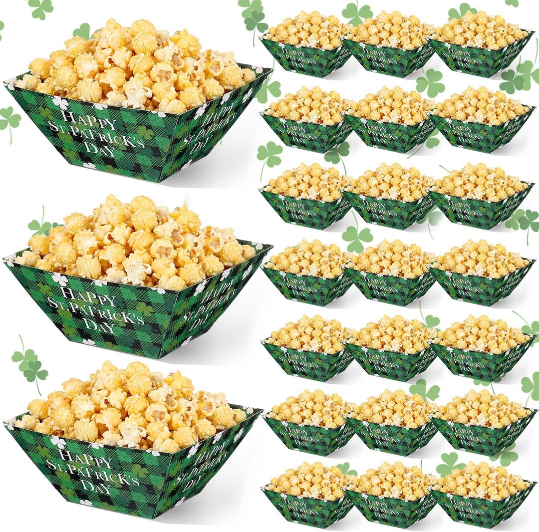 Marspark 24 Pcs St. Patricks Day Popcorn Boxes Paper St. Patrick's Food Trays Green Shamrock Snack Serving Trays Decorations Irish Disposable Paper Platters for Cookie Holiday Party Supplies Family