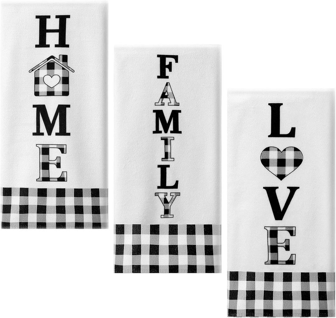 Tegeme 3 Pieces 18 x 28 Inches Buffalo Plaid Kitchen Towels Tea Dish Towels Hand Farmhouse Towel Black and White Kitchen Towel Home Family Love Cleaning Fast Drying Decor Gifts for Women Cooking
