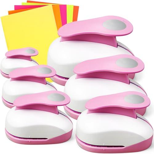 CHENGU 6 Pcs Circle Punch Set 3in/2in/1.5in/1in/0.6in/0.3in Scrapbook Hole Punchers Crafting with 10 Sticker Paper Round Cutter Scrapbook for Office Supplies DIY Albums Photos(Pink)
