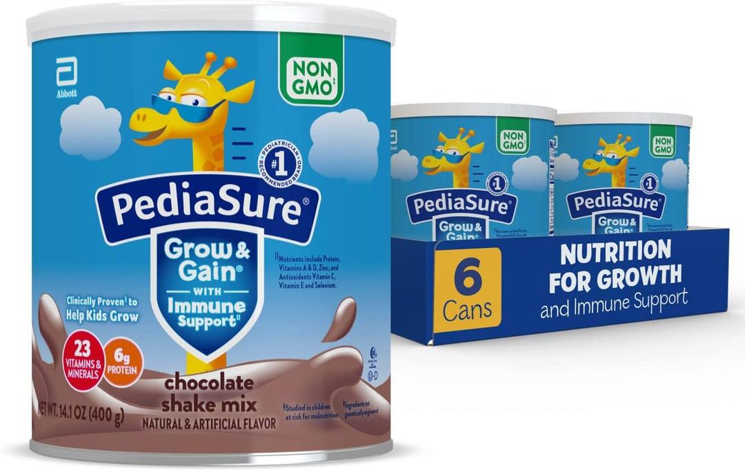 PediaSure Grow & Gain with Immune Support Shake Mix Powder, 23 Vitamins & Minerals, 6g Protein, Non-GMO, Gluten-Free, Kids Nutrition, Chocolate, 14.1 oz Can, Pack of 6-48 servings
