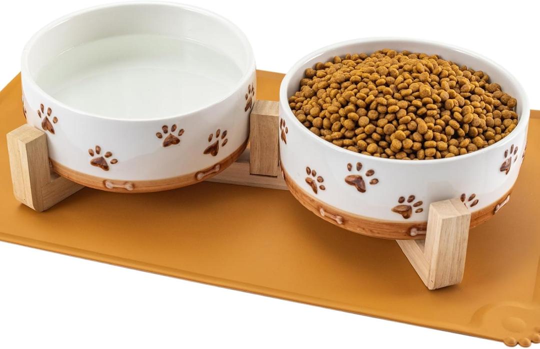 Ceramic Dog Bowls, 3.5 Cups Dog Food and Water Bowl Set for Medium Dogs with Wooden Stand and Non-Slip Silicone Food Mat, Weighted Embossed Cute Puppy Bowls Feeding Dishes Set of 2, 32 OZ (4 .0 Cups)