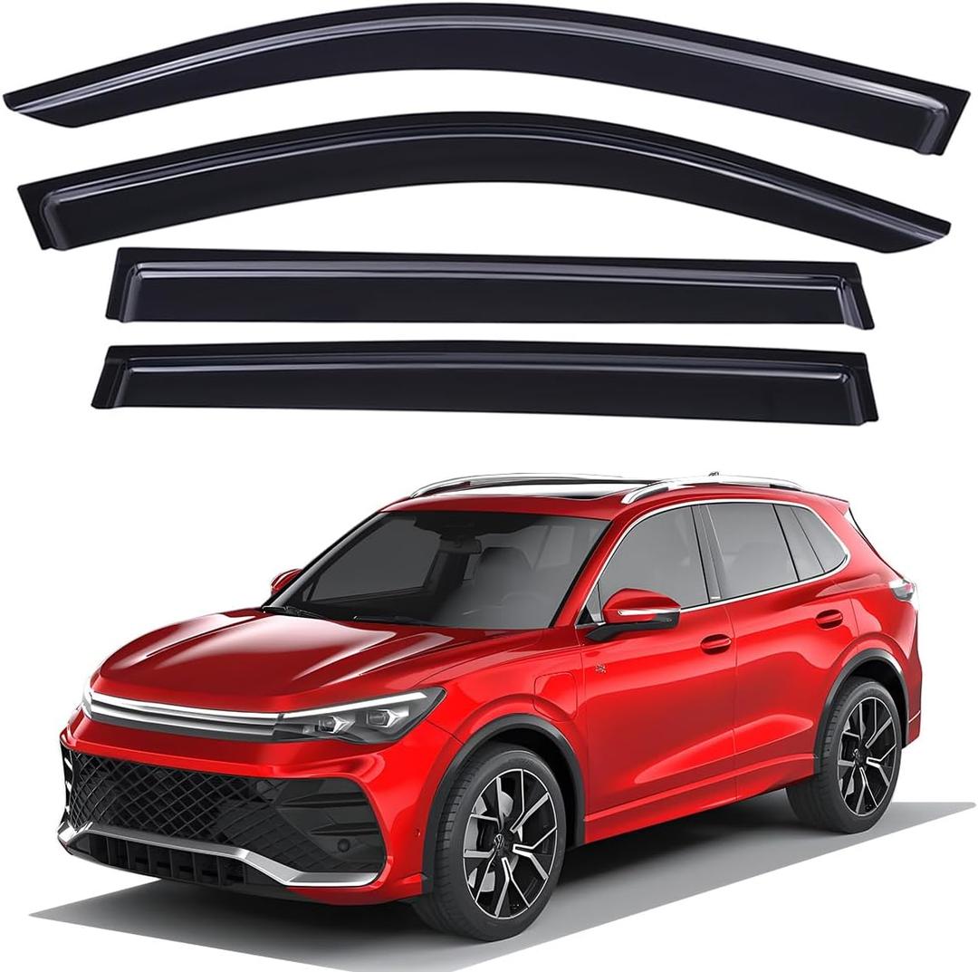 Lightronic Extra Durable Outside Mount Auto Vent Window Visor, Fits 2018-2024 Volkswagen Tiguan, UV Protection Rain Guard, Original Wind Deflector, No-Drill Easy Install, Dark Smoke, 4-Pcs