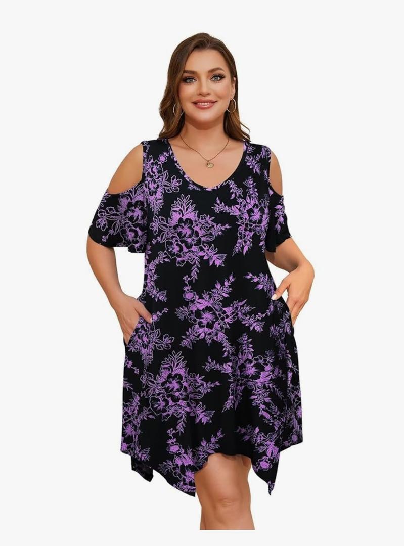 LARACE Womens Summer Casual T Shirt Dresses Cold Shoulder Flowy Dress with Pockets 5XL