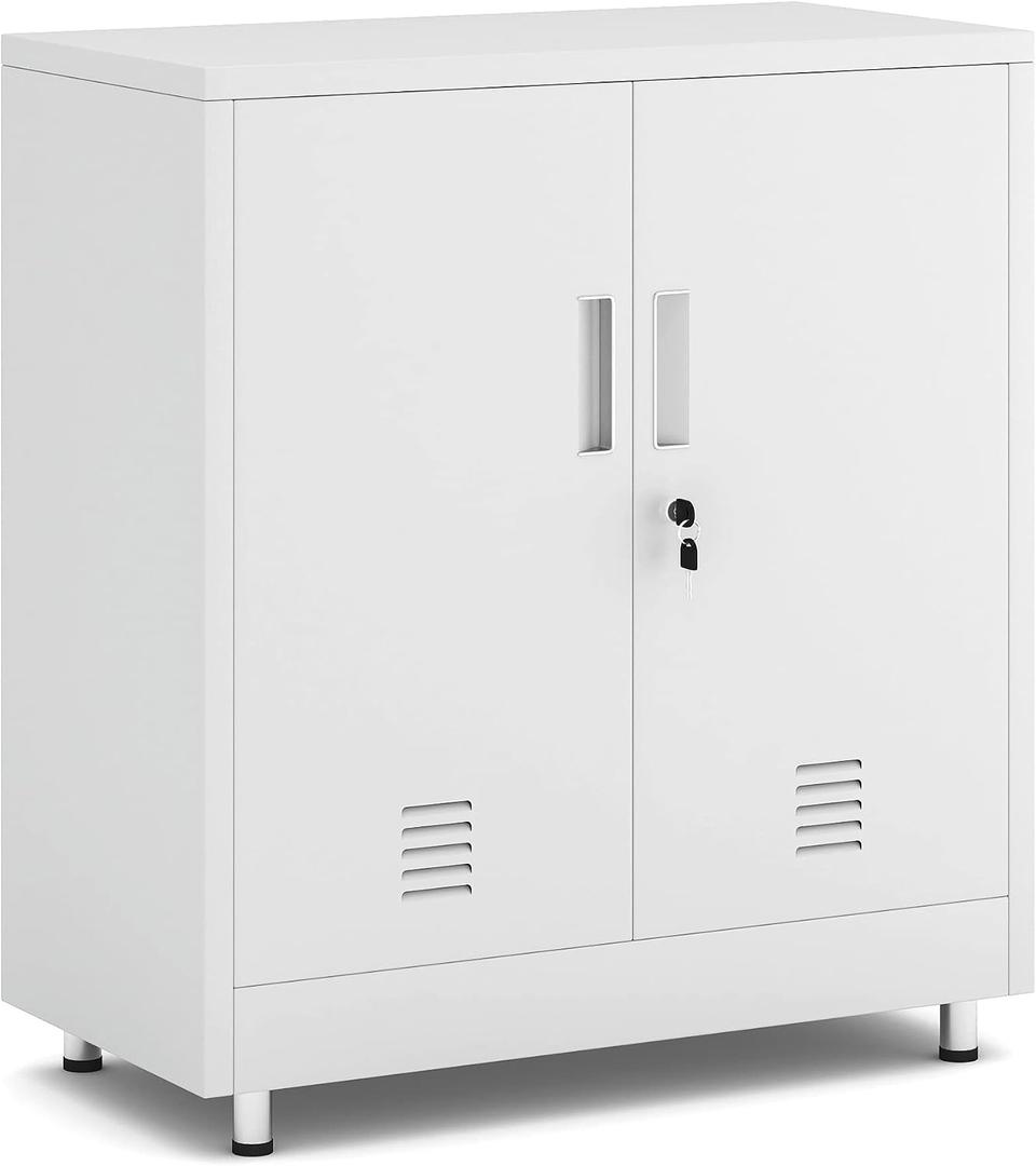JINGUR Metal Storage Cabinet with Locking Doors and Adjustable Shelf, Small Lockable Sideboard Buffet Cabinet for Home Office Hallway Entryway Living Dining Room (White)