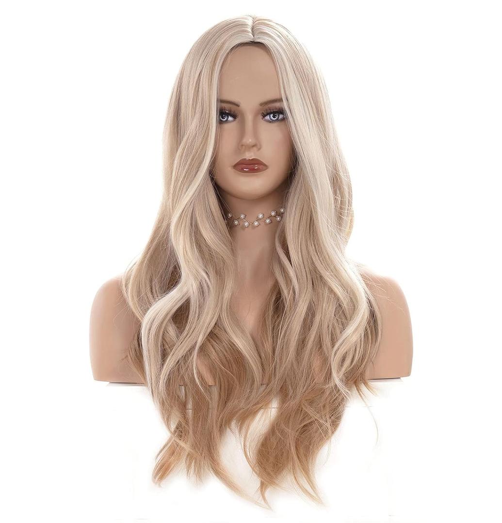 26 Inches Light Blonde Mix Strawberry Blonde Wigs for Women Long Wavy Middle Part Wig Natural looking Synthetic Fluffy Hair for Cosplay,Halloween,Daily Use