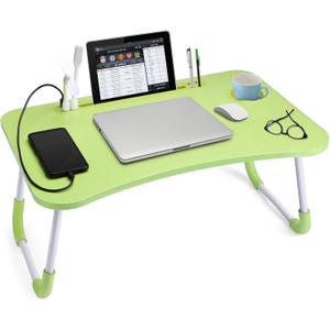 Slendor Lap Desk with Cup Holder, Foldable Laptop Table for Bed, Portable Bed Desk for Laptop and Writing, Computer Tray with Tablet Slot, Notebook Stand Reading Holder for Couch Sofa Floor,Green
