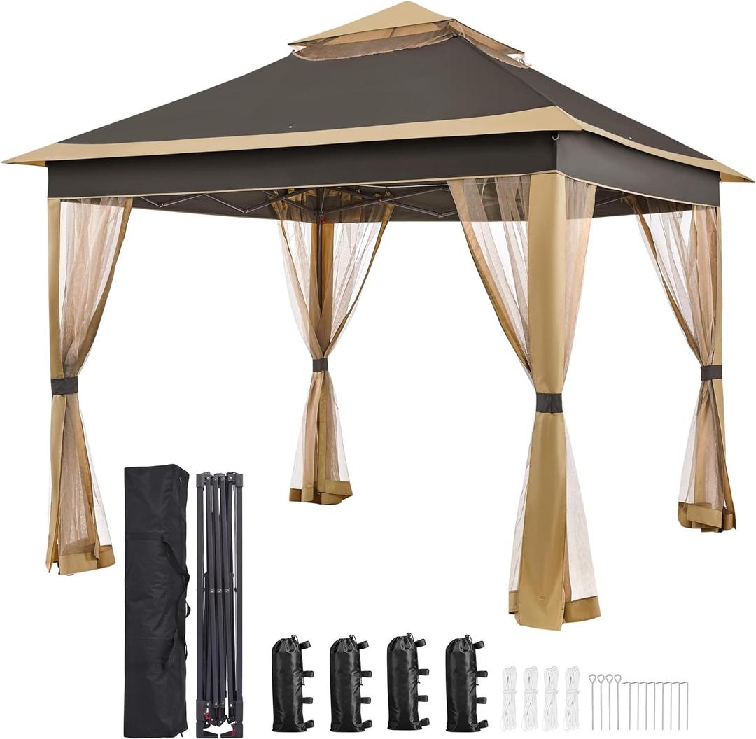 Yaheetech 11x11 Pop Up Gazebo Outdoor Canopy Shelter, Instant Patio Gazebo Sun Shade Canopy Tent with 4 Sandbags, 2 Tiers Roof & Mesh Netting for Lawn, Garden, Backyard & Deck, Brown. Incomplete set missing sandbags and legs for setup.