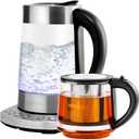 OVENTE 1.7L Electric Kettle and Tea Maker Pot Combo, 1500W BPA Free Water Boiler and Heater with 27oz Borosilicate Glass Teapot, Removable Stainless Steel Infuser for Brewing, Silver KG612S + FGK27B