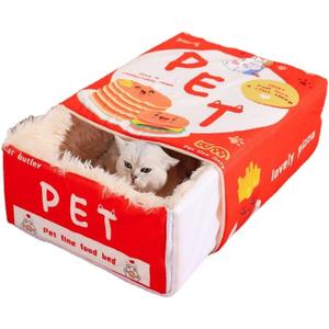 Cat Nest Snack Box Bed Biscuit Burger Box Pet Bed Winter Warm Dog House Removable Plush Pad Closed Four-Season Pet Nest (L,Red)