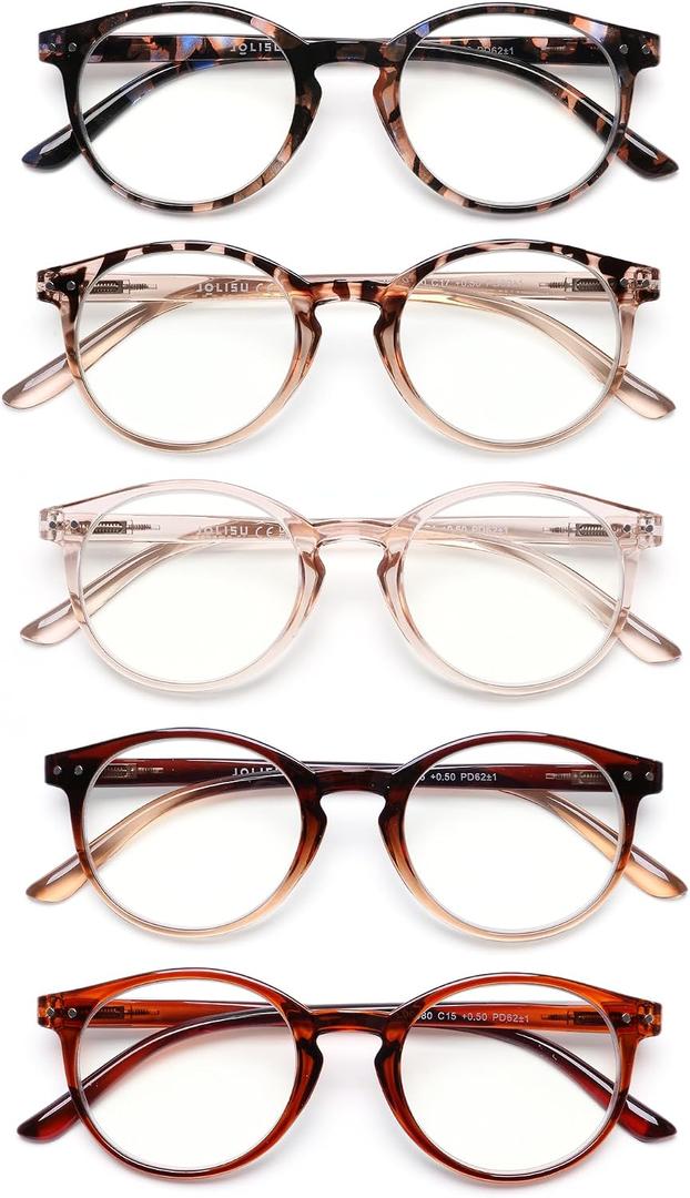 JOLISU 5 Pack Reading Glasses For Women/Men-Blue Light Blocking Computer Reader w/Round Frame - Retro Clear Lens Fake Eyeglasses1.5