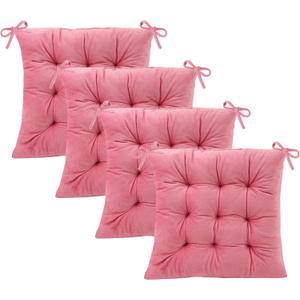4 Pack Square Seat Cushion Chair Pads for Kitchen Dining Chairs, Soft Comfort Velvet Chair Mat Pillow Cushions with Ties for Office Desk Living Room Tatami 15.5", Pink