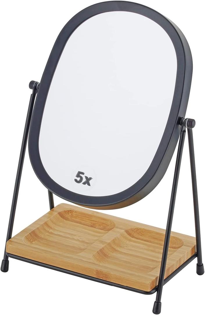 JOYOEIKON Tabletop 5x/ 1x Magnifying Makeup Mirror with Squared Bamboo Tray Small Desk Mirror 360° Rotation Vanity Mirror with Stand Desktop Cosmetic Mirror