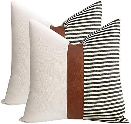cygnus 16x16 inch Pillow Covers Set of 2 Farmhouse Decor Stripe Patchwork Linen Throw Pillow Covers Modern Faux Leather Covers for Couch Sofa,Black