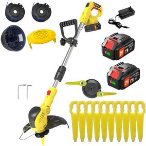 21V Cordless String Trimmer with 1XFast Charger,2 X Battery, 2 Pcs Grass Cutter Spool Line,Electric Weed Wacker/Edger with Auto Line Feed for Landscaping