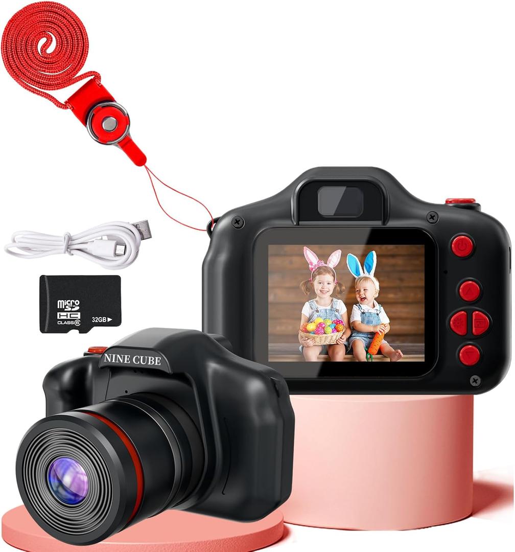 Kids Camera for 3 4 5 6 7 8 Years Old Boys Girls Mini Toddler Compact Camera for Toddlers Age 3-5,Toy Long Lens Kid Digital Camera, Best Black Toy Camera Gift for Children with 32G SD Card