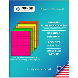 Premium Label Supply Bright Neon Color Fluorescent Stickers - 2.625" x 1" Address Labels - (Assorted Fluorescent, 750 Labels)