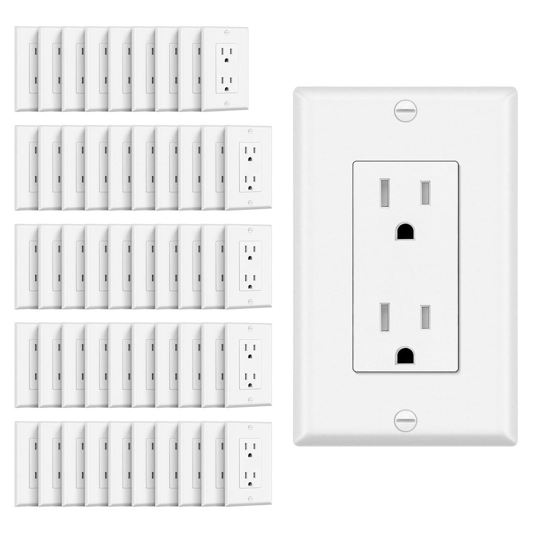 CML 15 Amp Decorator Wall Receptacle Outlet, 50 Pack Tamper Resistant Standard Electrical Outlets, 15A/125V, NEMA 5-15R, Wall Plates Included, UL Listed, Matte White
