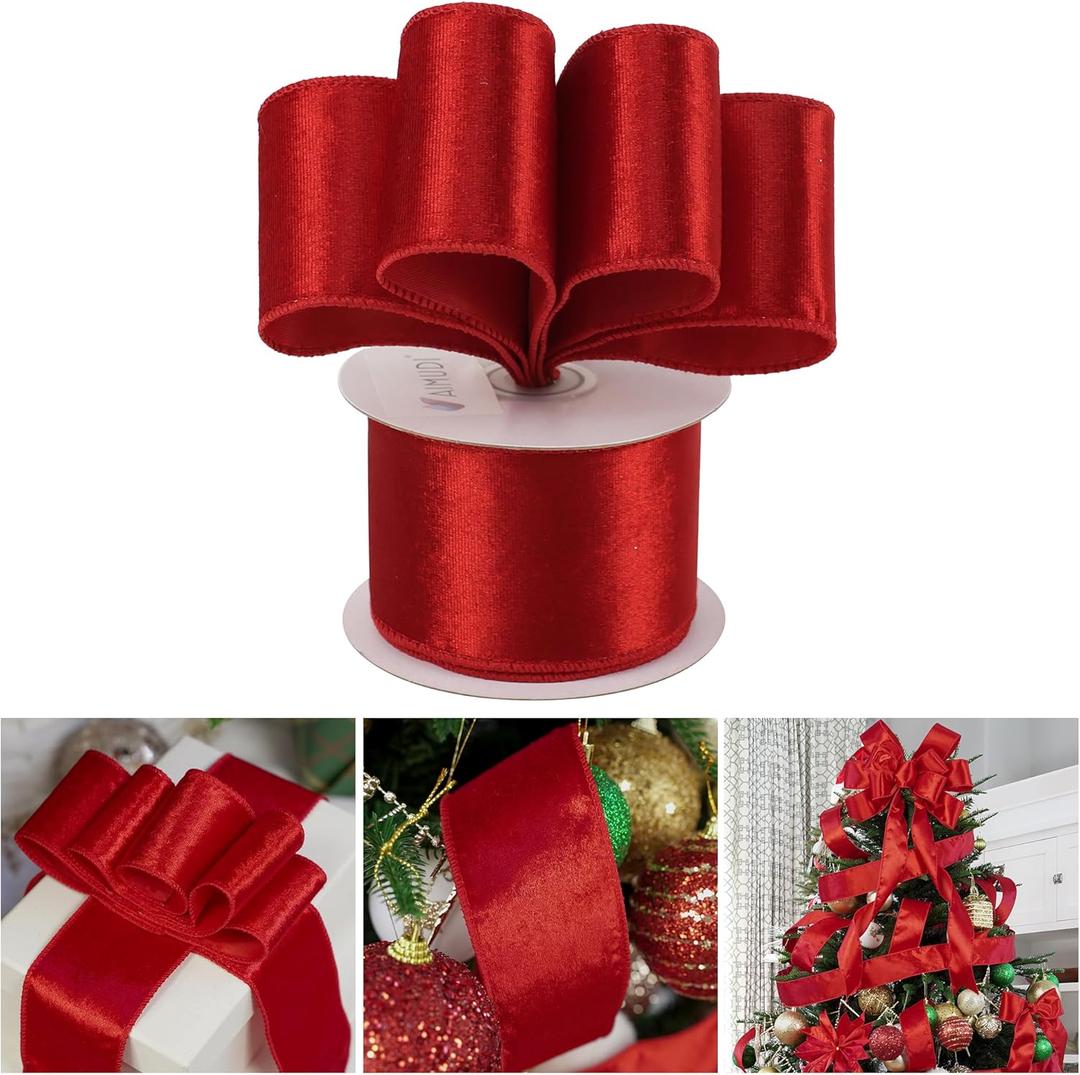 AIMUDI Red Wired Ribbon 2.5 Inch Red Velvet Ribbon for Christmas Trees Wreaths Swags Gift Wrapping Garlands Holiday Crafts Bow Making Fireplaces Topper Bows Home Decor - 10 Yards