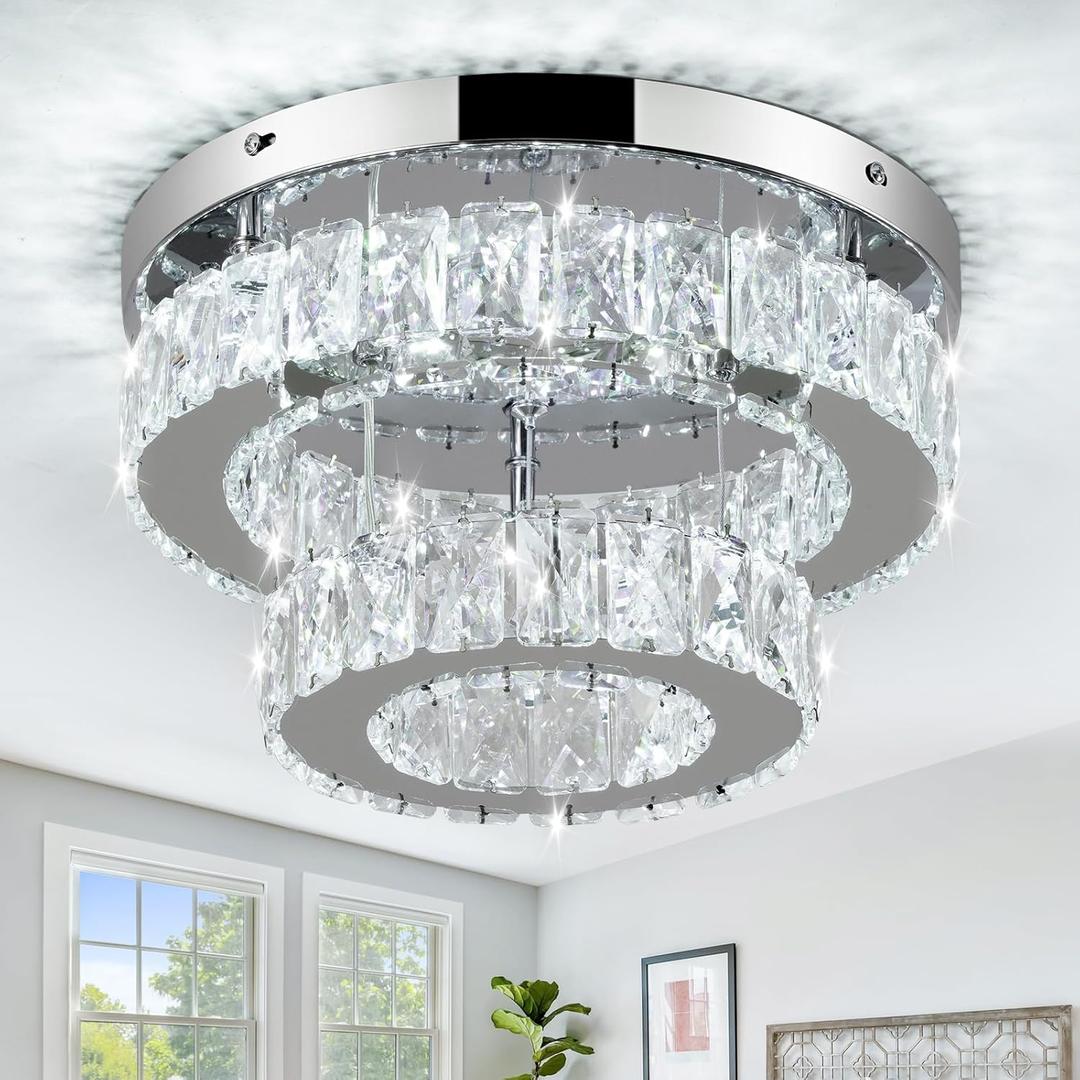 LEONTYNE Mini Chandelier LED Crystal Ceiling Light 2 Layers Flush Mount Ceiling Light Modern Chandeliers Lighting for Bedroom Hallway Staircase Kitchen Bathroom (6000K Cool White)