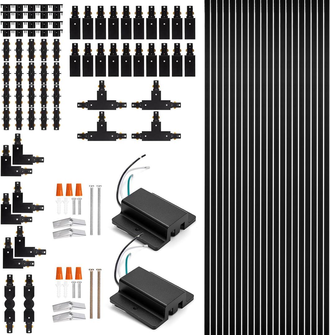 H Track Lighting Rails Kit - iCreating 65.6ft Black Track Lighting Tracks 3 Wire with Floating Canopy Connector, L, I and T Connectors for Single Circuit H Type LED Tracks Lights Heads Fixtures