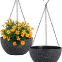 12 inch Large Hanging Planters for Indoor Outdoor Plants, 2 Pack Hanging Flower Pots with Drainage Holes and Chain for Garden Porch, Plastic Hanging Baskets for House Plants, Speckled Black