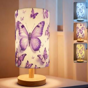 Butterfly Lamp, Butterfly Lamps for Girls Bedroom,3 Color Night Light Wood Nightstand Desk Base Flaxen Fabric Shade for Bedroom Living Room, Butterflys Lovers Gifts, LED Bulb Includedpurple lamp