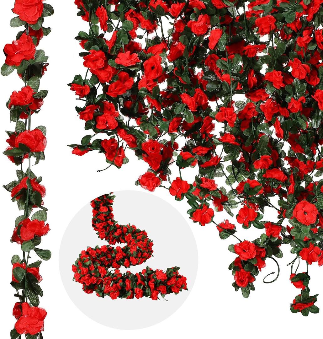 12 Pcs 100 ft Flower Garland Artificial Rose Vine with Green Leaves Hanging Artificial Flower Vines Ivy Garlands Wall Garden Decor for Room Wedding Birthday Arch Decor(Red)