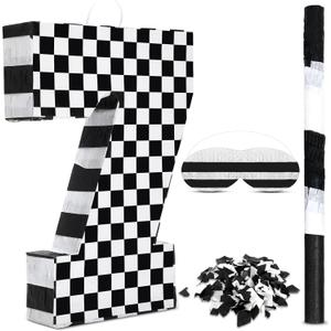 Lewtemi Race Car Number Piñata Small Checkered Race Car Birthday Party Decoration Black and White Racing Piñata with Stick Confetti Eye Mask for Celebration 15.3 x 10.6 x 2.8 Inch (Number 7)