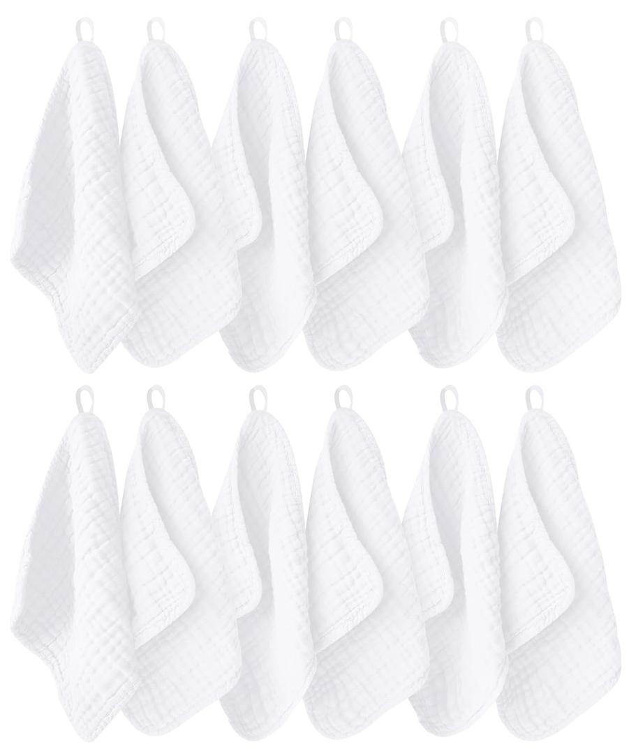 Ease Cubs 12 Pack Muslin Washcloths for Baby - 100% Cotton Baby Wash Cloths for or Baby Face Body Comfy and Soft for Newborn Infants Kids Girls and Boys - 12"x12" - White