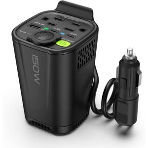 150W True Power Car Inverter Cup Holder, 6-in-1 DC 12V to 110V Converter with Dual AC Outlets, USB-C Fast Charging, Cigarette Lighter Socket & Car Charger - for Laptop, Phone, Tablet & Road Trips