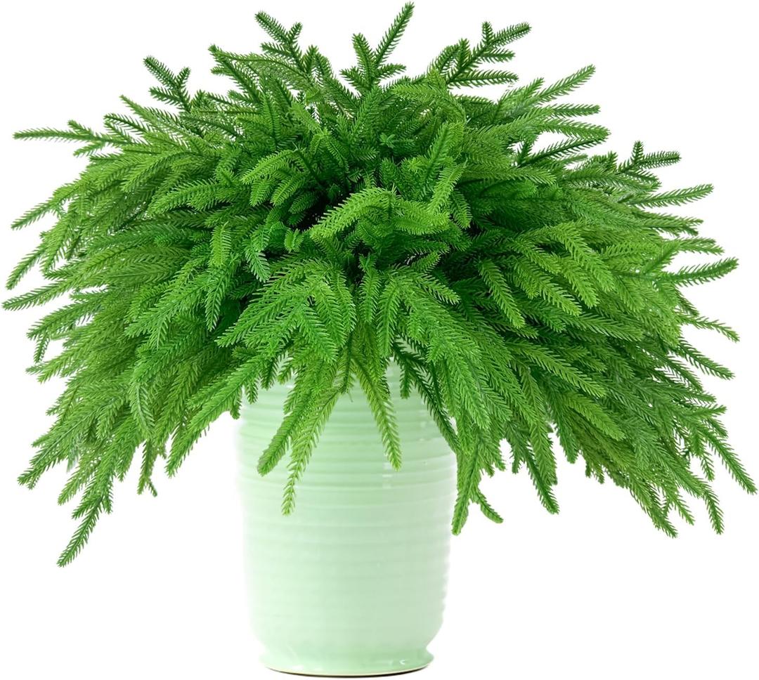 24 Pcs Faux Greenery Stems, Real Touch Artificial Norfolk Pine Branches Greenery Pine Picks for Vase Fillers, DIY Indoor Outdoor Spring Summer Home Decor (17 Inches)