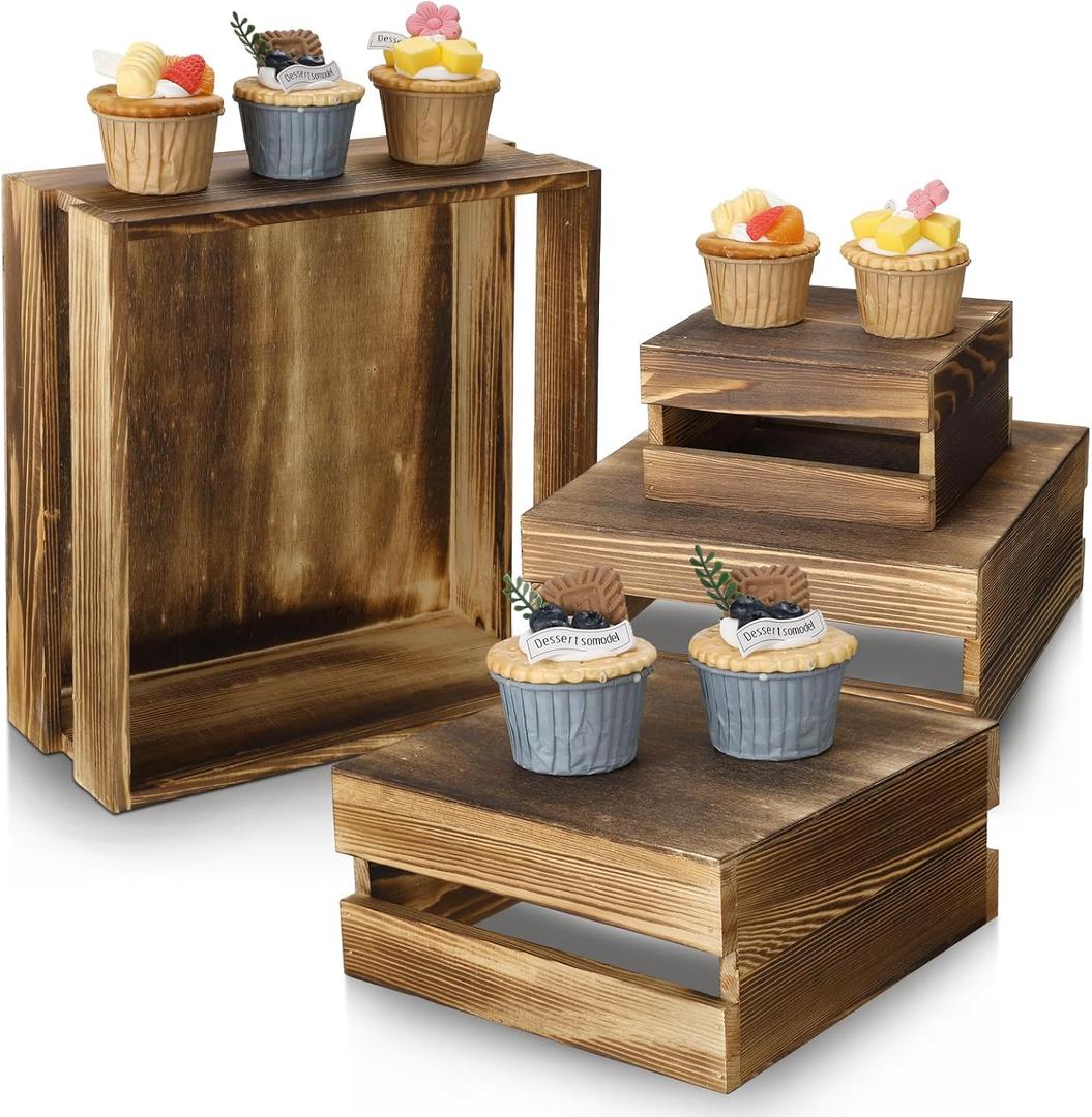 Sieral 4 Pieces Wood Cupcake Display Stand Decorative Dessert Appetizer Cake Stand Risers Wooden Crate Rustic Cake Risers for Decor Wooden Crate Style Storage Organizer for Party(Rustic Dark Brown)