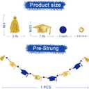 Blue Gold Graduation Decorations Pre-Strung Handmade Metallic Fabric Felt Grad Cap Banner Wool Felt Ball Wooden Beads Grad Hat Garland for Graduation 2026 Party Supplies Home Fireplace Mantle Decor
