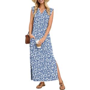 AUSELILY Women's V Neck Maxi Dresses, Straight-Cut Wrinkle-Free, Loose Split Sleeveless Vacation Dress with Pockets 2026 (Blue, XXL)