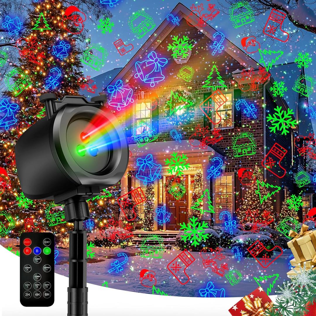Christmas Lights Projector Outdoor, 2-in-1 Holiday Light Projector with 4 Slides & 8 Brighter HD Patterns, Moving RGB Firefly Effects Light for Christmas Decorations, Halloween, Yard & Garden