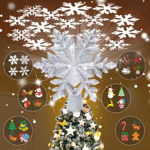 Christmas Tree Toppers Lighted with 6 Projection Modes, Christmas Snowflake Tree Topper with Built-in LED Rotating Lights, Silver 3D Glitter Projection for Xmas Party Holiday Decorations