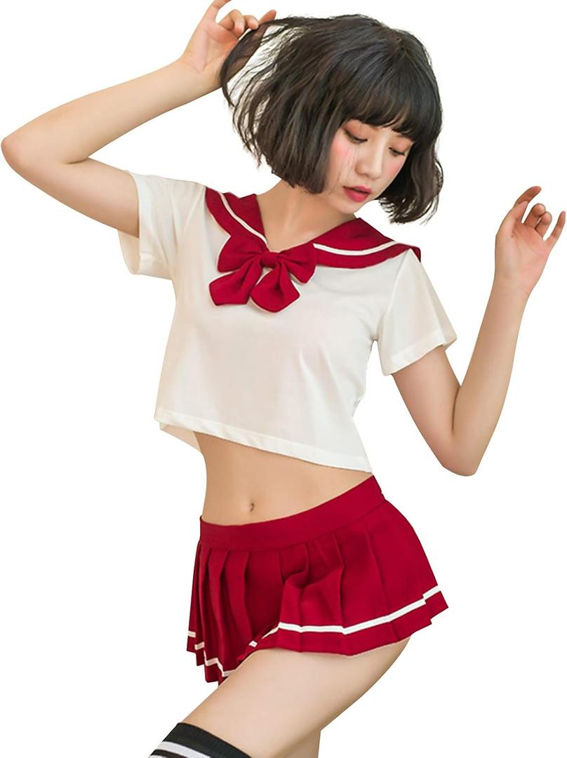 YOMORIO School Girl Outfit Lingerie Sexy Japanese Sailor Anime Cosplay with Pleated Skirt (Red) YOMORIO School Girl Outfit Lingerie Sexy Japanese Sailor Anime Cosplay with Pleated Skirt (Red)