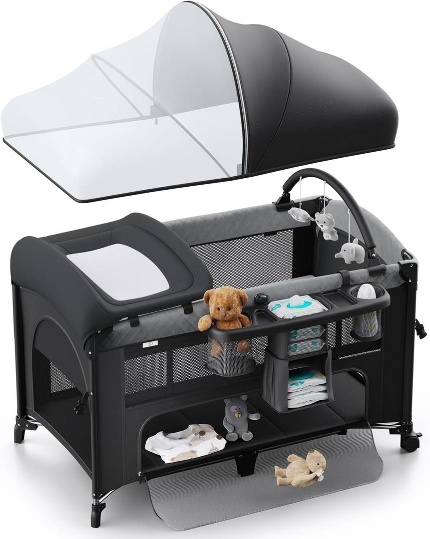 4 in 1 Baby Bassinet, Pack and Play, Bedside Crib Sleeper, Diaper Changer - Comes with Mattress, Mosquito NetBottom Storage and Toy Bar for Newborn to Toddles (Black)