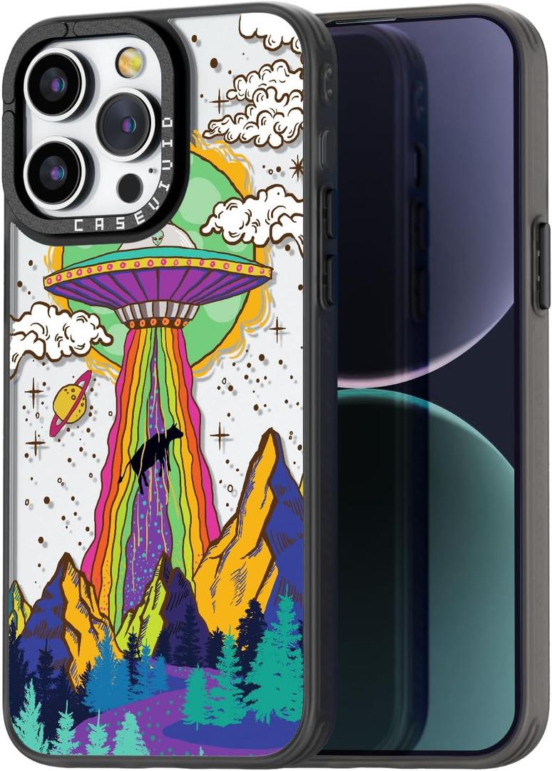 Compatible for iPhone 15 Pro Max Case Cute Aesthetic - Durable Fashion Funny Phone Case - Girly UFO Pattern Print Cover Design for Woman Girl 6.7 inches Black