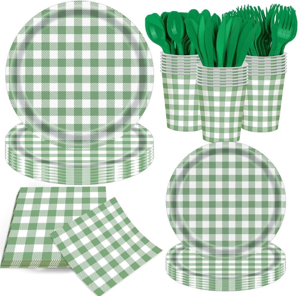 140Pcs Gingham Party Supplies for 20 Guests Thick Paper Plates and Napkins Knives Spoons Forks Cups Disposable Party Set Cutlery for Dinner Baby Shower Wedding Favor (Blackish Green)