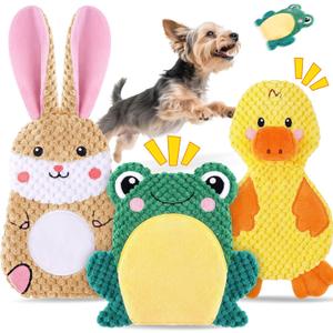 XIUGOAL Dog Toys to Keep Them Busy, 3 Pack No Stuffing Interactive Dog Toys with Crinkle, Squeaky Puppy Chew Toys for Small, Medium Breeds (BUNNY & DUCK & FROG)