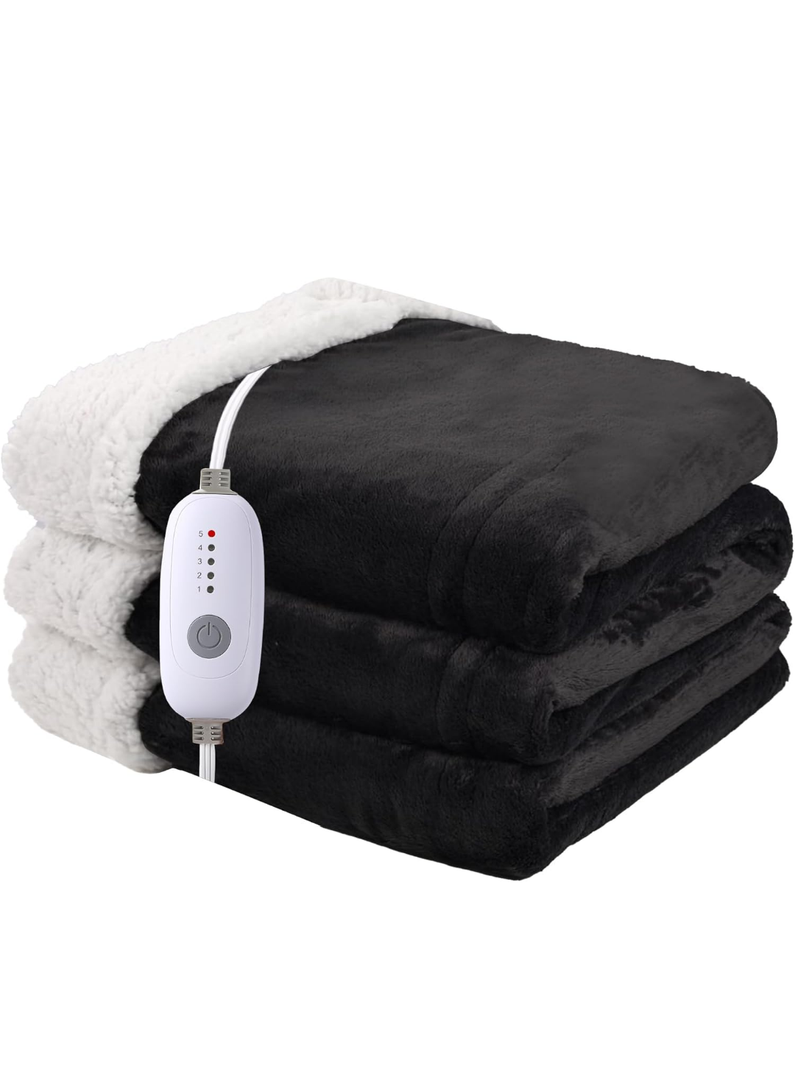 Heated Blanket Electric Throw Size 50''x60'' with 5 Heating Levels, 3 Hour Auto Shut Off, Machine Washable, Flannel & Sherpa Double-Sided Soft Warming Blanket for Couch, Bed, Office - Black