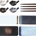 12 Pcs Sushi Plates with Sauce dish and Chopsticks, Ceramic Rectangular Platters Serving Trays Set, Sushi Dishes, Japanese Dinnerware Set